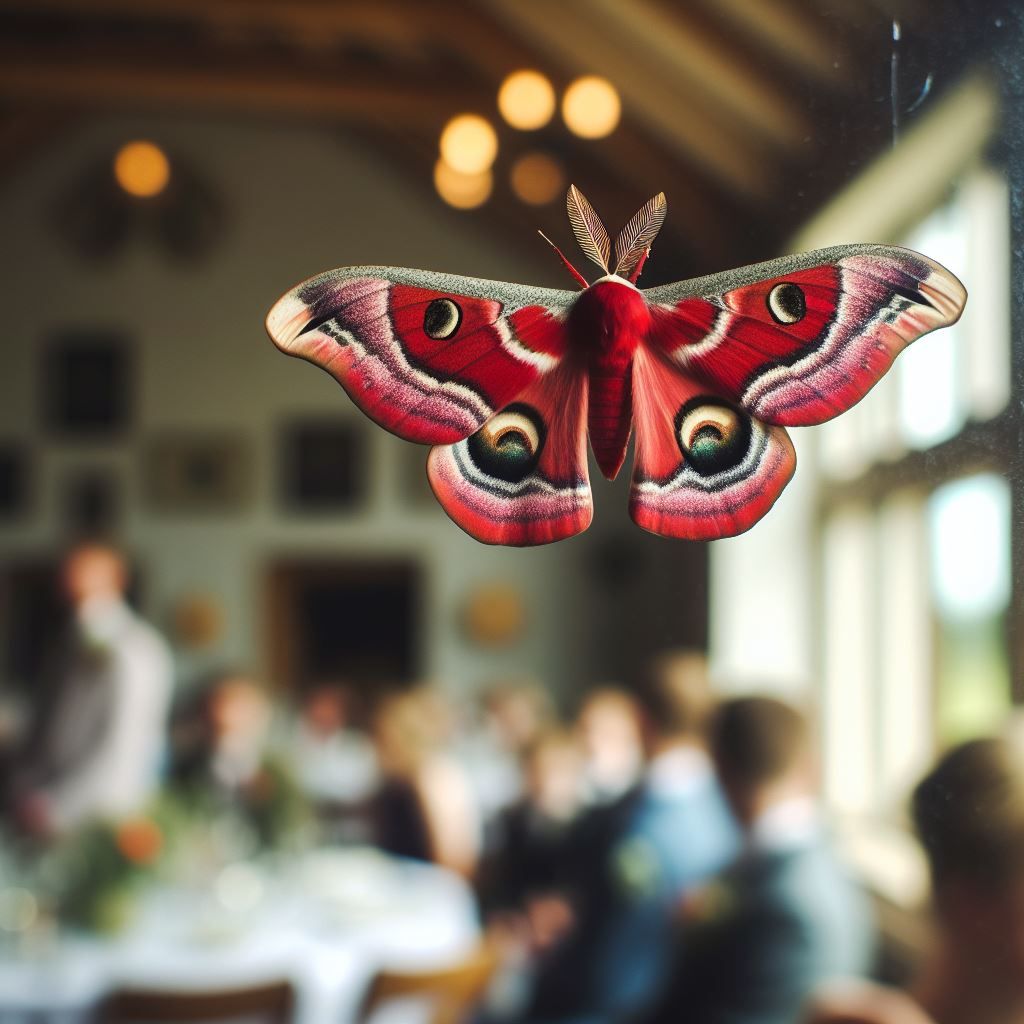 A red oak peacock moth on a window