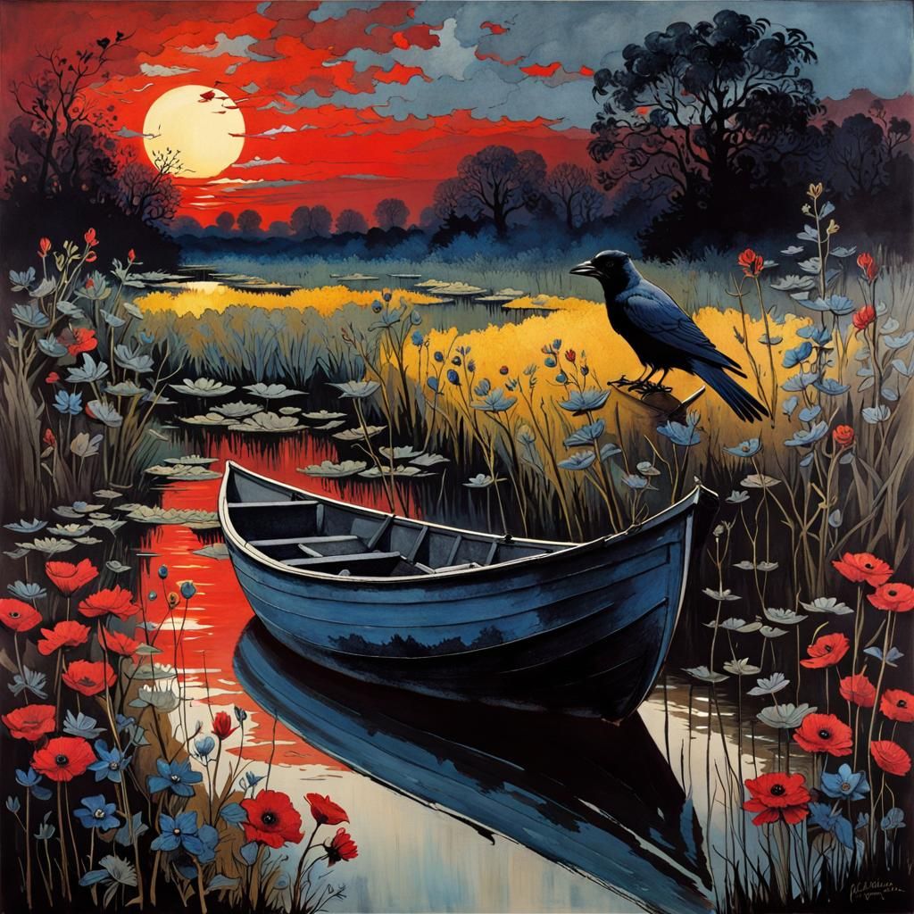 ((A stunning jackdaw with blue eyes)), dark sunset, a small boat on a swampy river, wildflowers, by c215, ...  by @Mr Classics