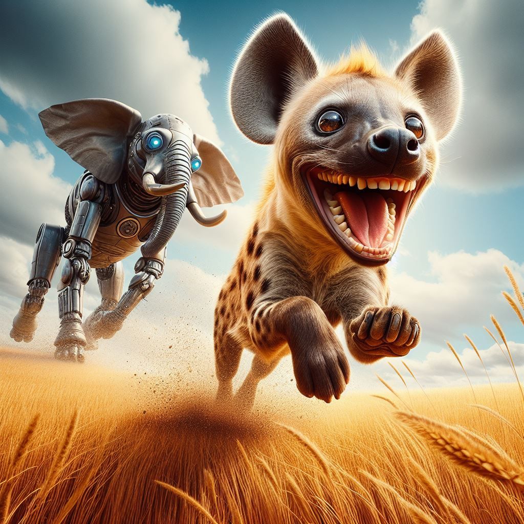 Hyena running away from robot elephant