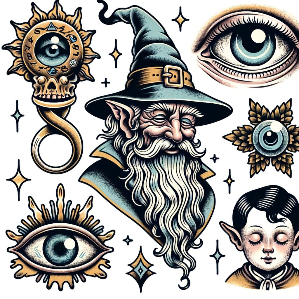 A flash tattoo sheet featuring a collection of whimsical, vintage-inspired designs, including a smiling ...  by @Marv