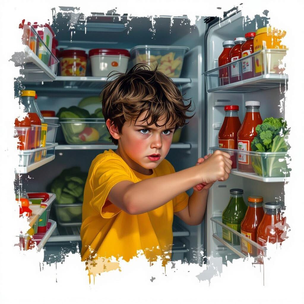 Boy Punches Ketchup Refrigerator in Hyperrealistic Style