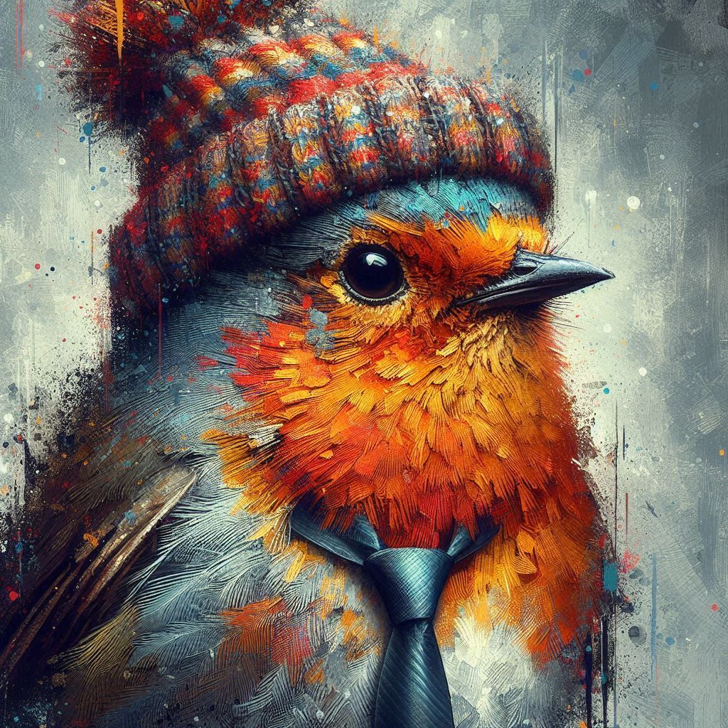 Robin + necktie + woolly hat