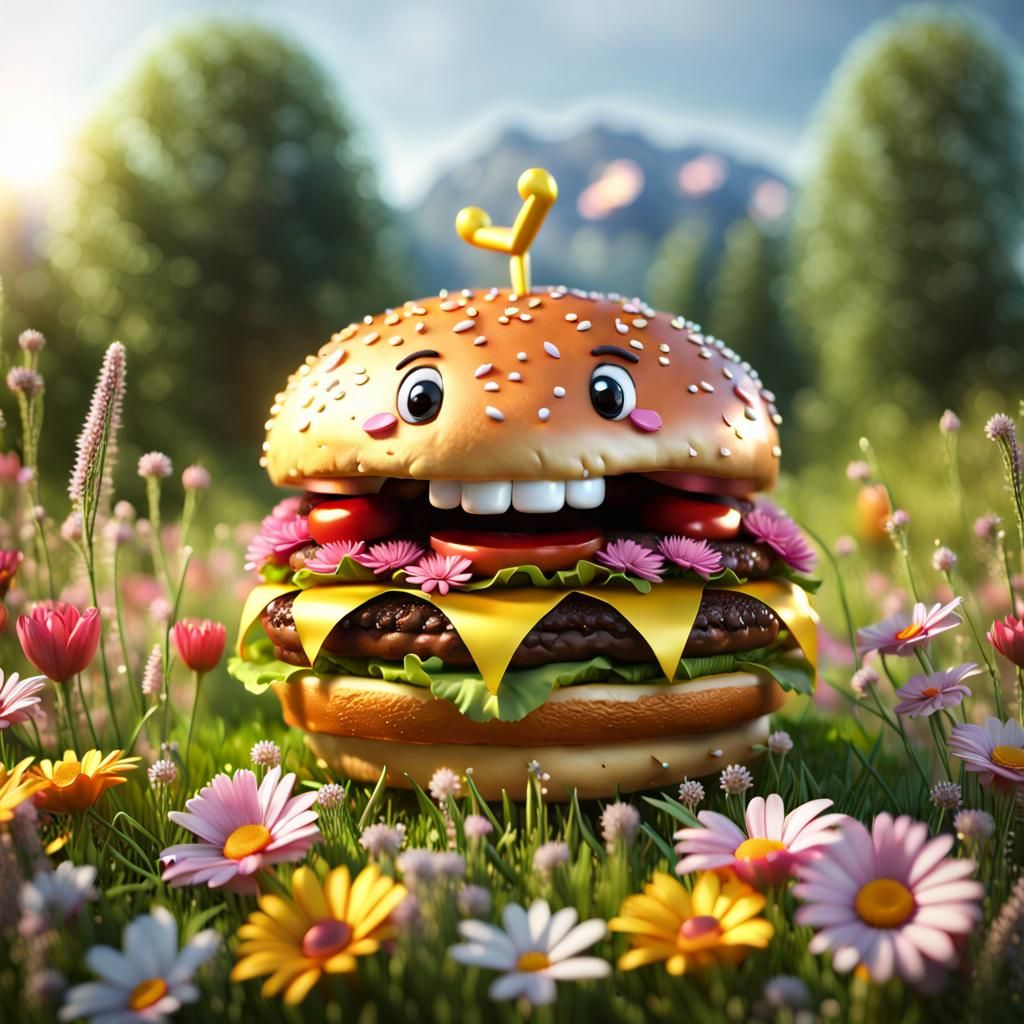 3D photorealistic final render of an epic cute smiling hambu...