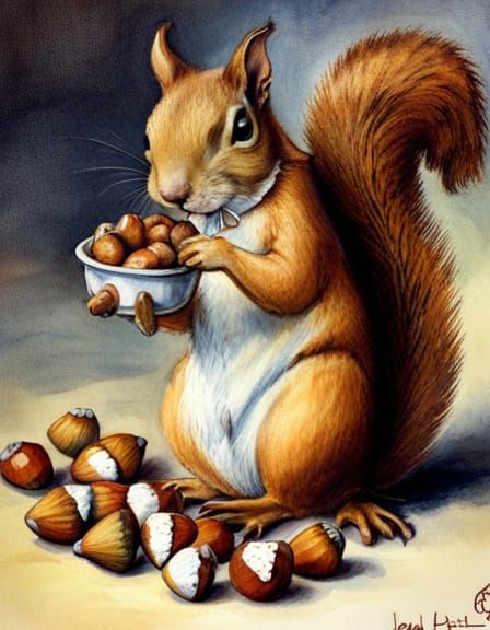 painting of a cute whimsical, Squirrel with the a pile of acorns and ...