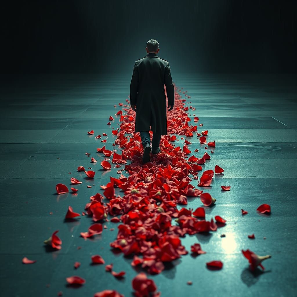 Dystopian Figure Walking Away From Red Flowers