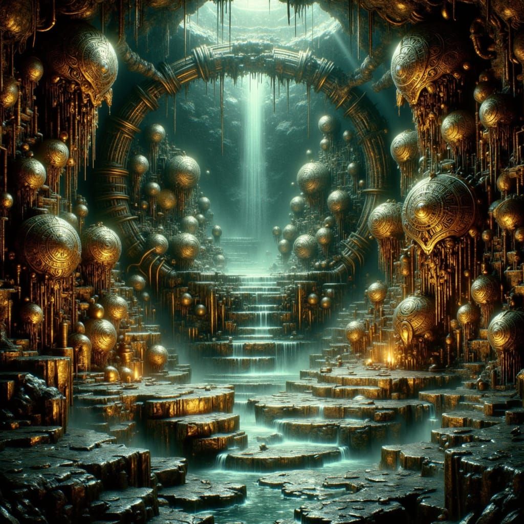 the blackreach cave, luminous bonds, glyph like protozoa-mushrooms,<lora:Dwemerpunk:1.0> ,  TES lore) aesthetic, Line-Work Precision, Lighti...