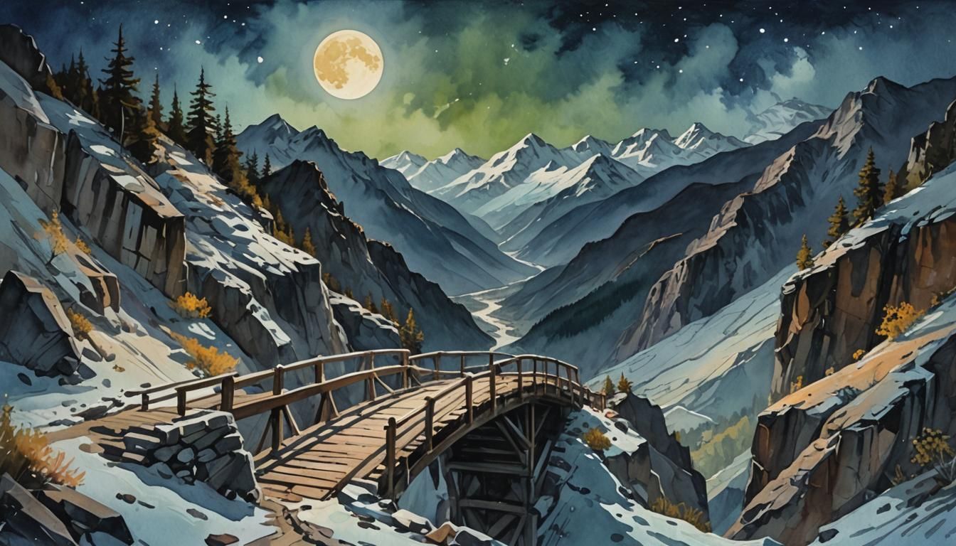 A dead end bridge, in high mountains, under the full moonlit...
