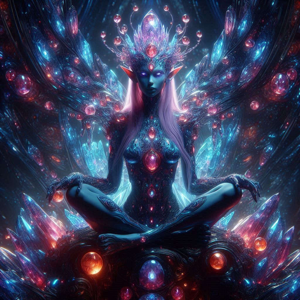 A Cosmic Elf Meditating Surrounded By Crystals