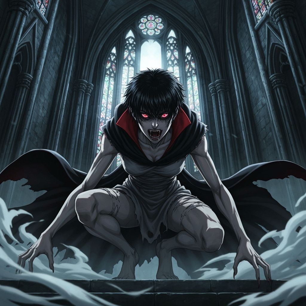 Fierce Vampire Woman in Gothic Cathedral, Anime Style