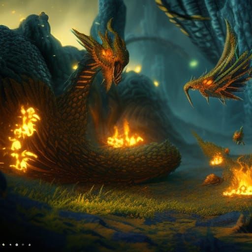 dragons gathered in the middle of a campfire. - AI Generated Artwork ...