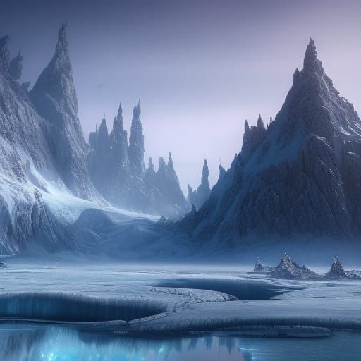 snowy mountains and frozen lakes