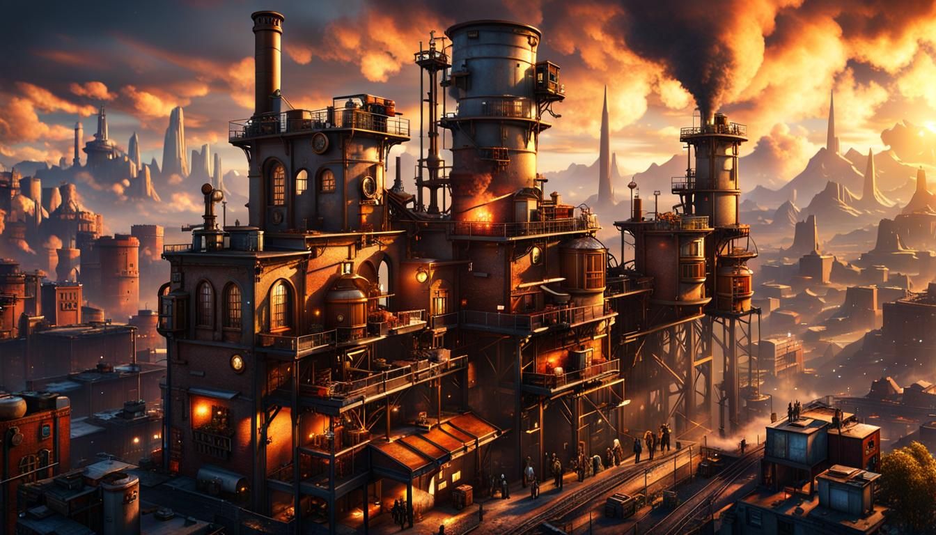 steampunk cityscape apartments from the air high altitude am...