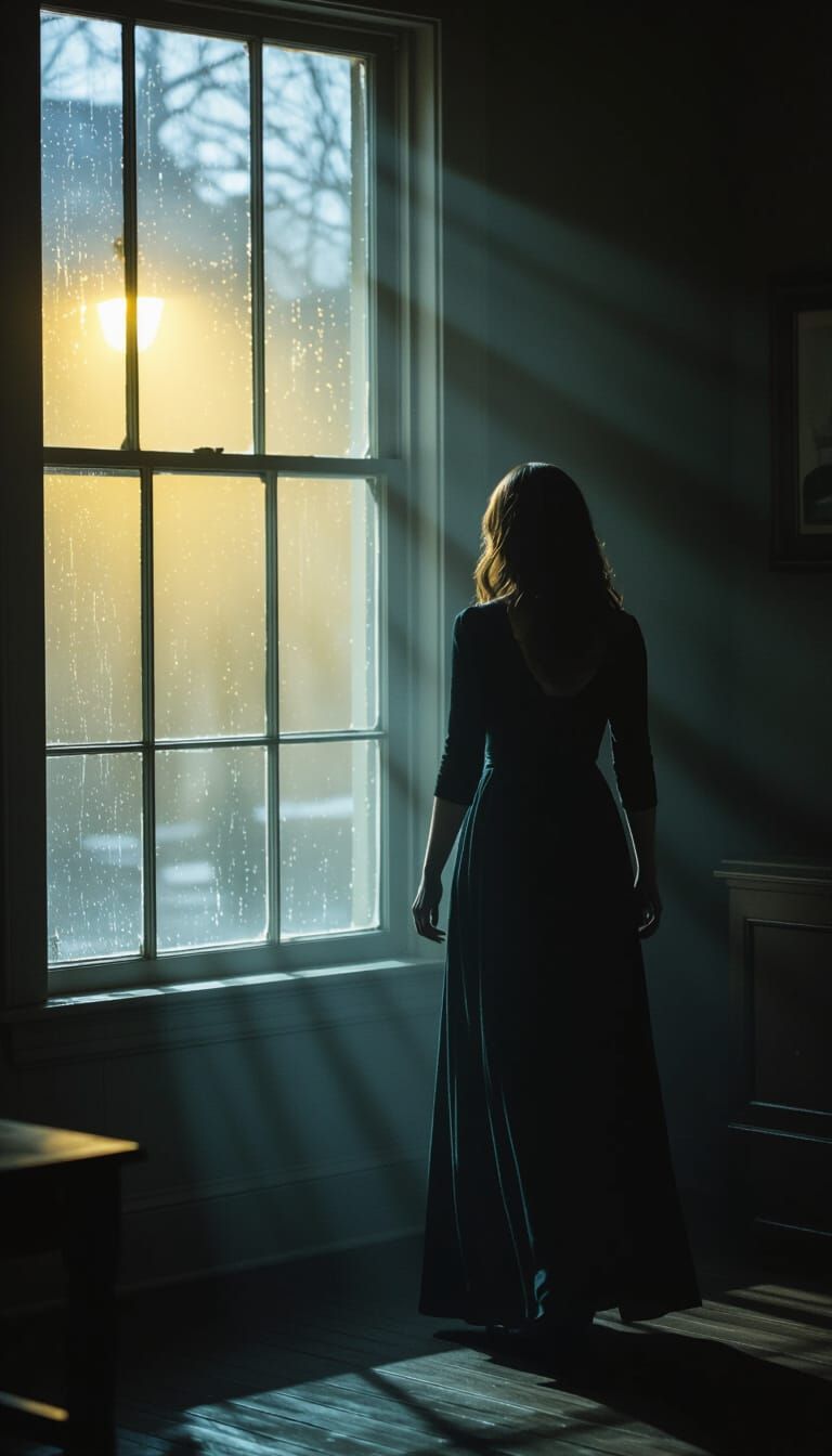  woman slowly walking toward a window in a dark silent room, faint yellow streetlight outside, tension and suspense in the air, soft...