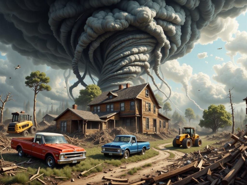 Tornado Devastates Neighborhood in Hyperrealistic Style
