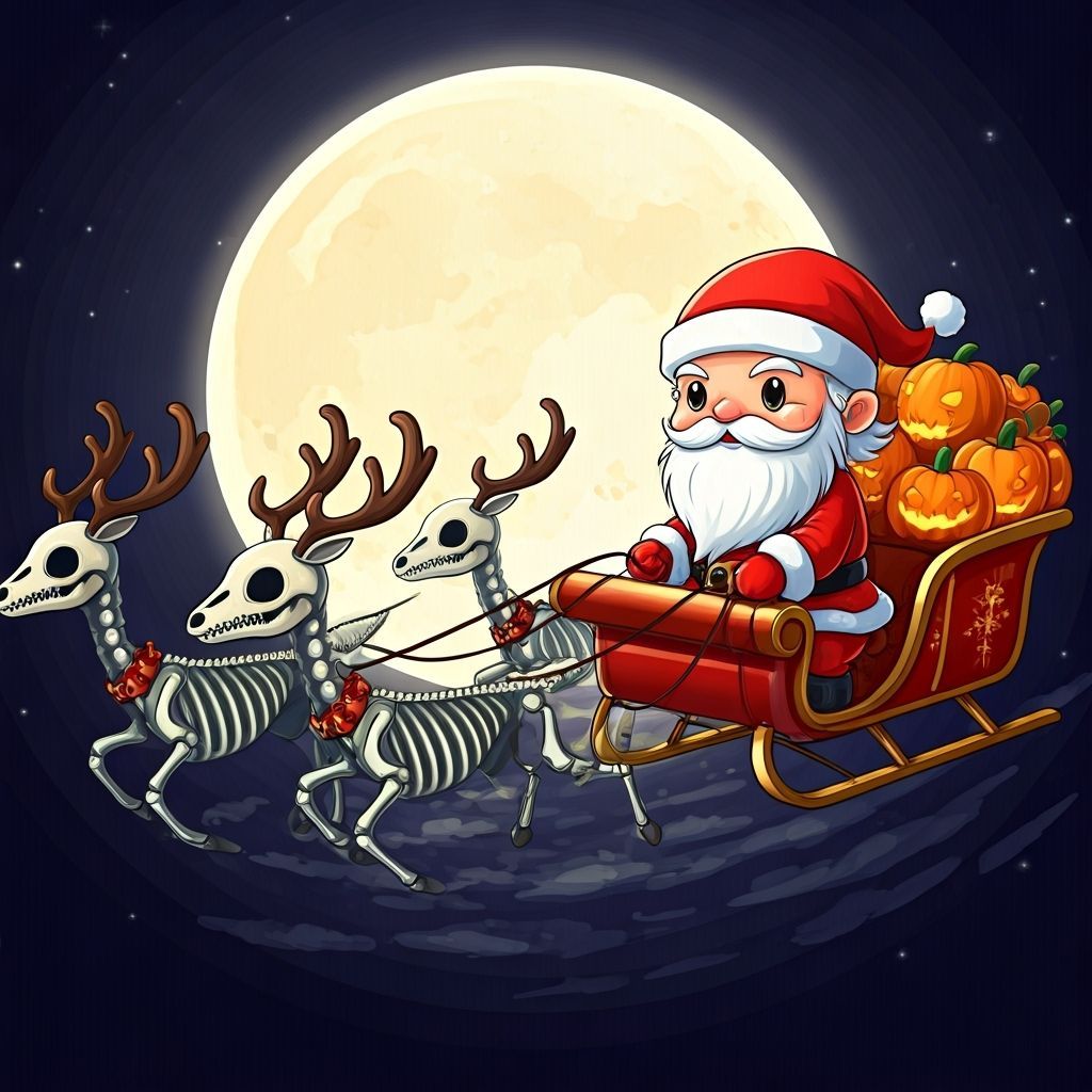 Santa Claus on his sledge pulled by ghostly skeleton raindeers, delivering jack o lanterns.