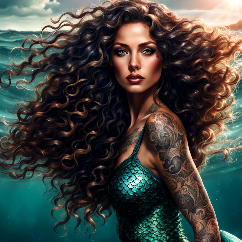 beautiful mermaid! with tattoos and seashell in long curly h...