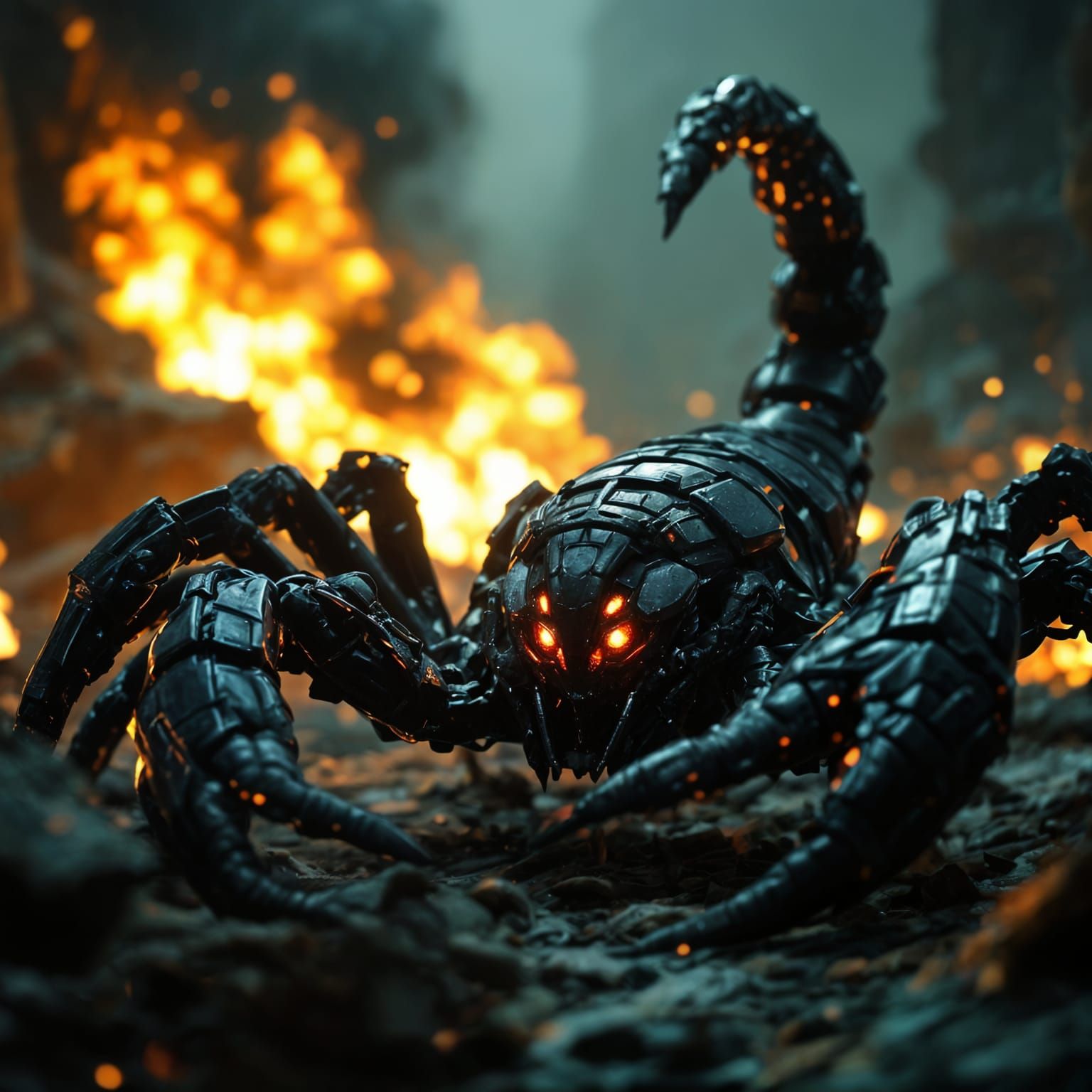 A menacing futuristic scorpion with a carbon and cevlar base...