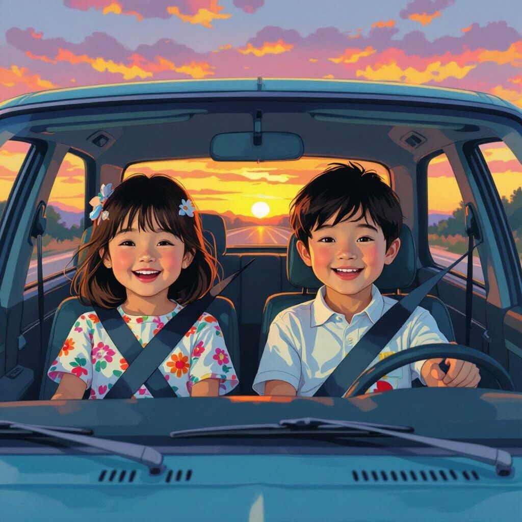 Children Driving in Car at Sunset