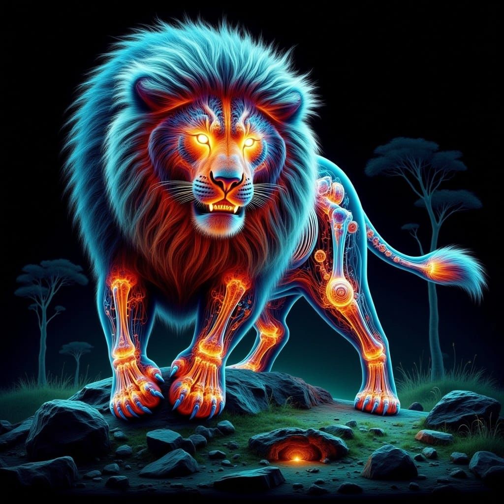 <lora:-BM UV XR AW-:1.0> x-ray art, a lion charging at the viewer