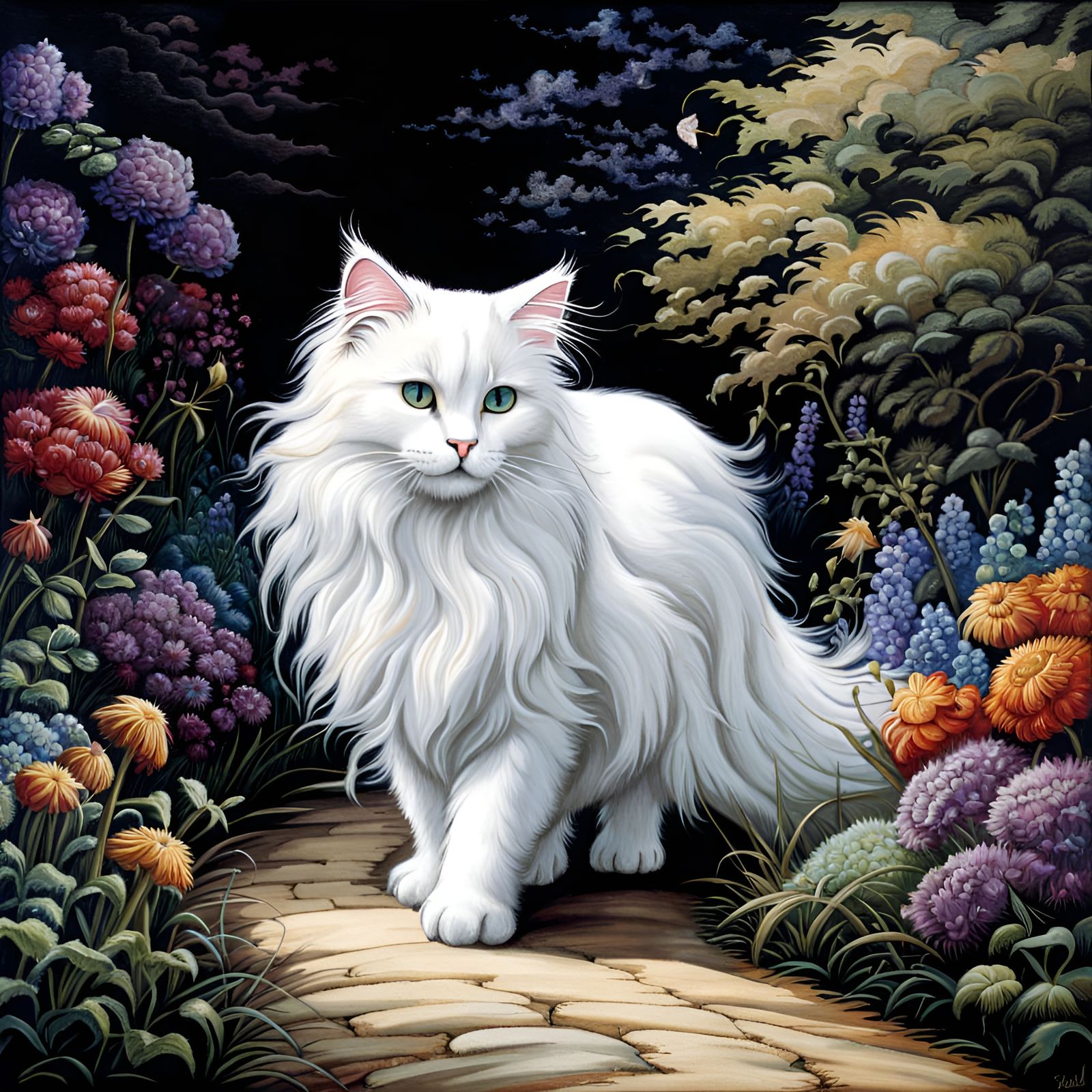 Beautiful white fluffy fantasy cat, walking, garden path, pa...