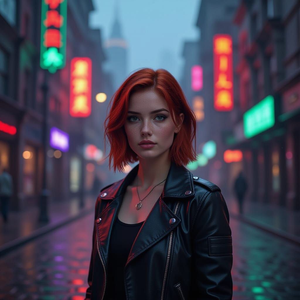 A young woman with a determined gaze stands on a rain-slicked cobblestone street in a futuristic, yet nostalgically styled city. She has sho...