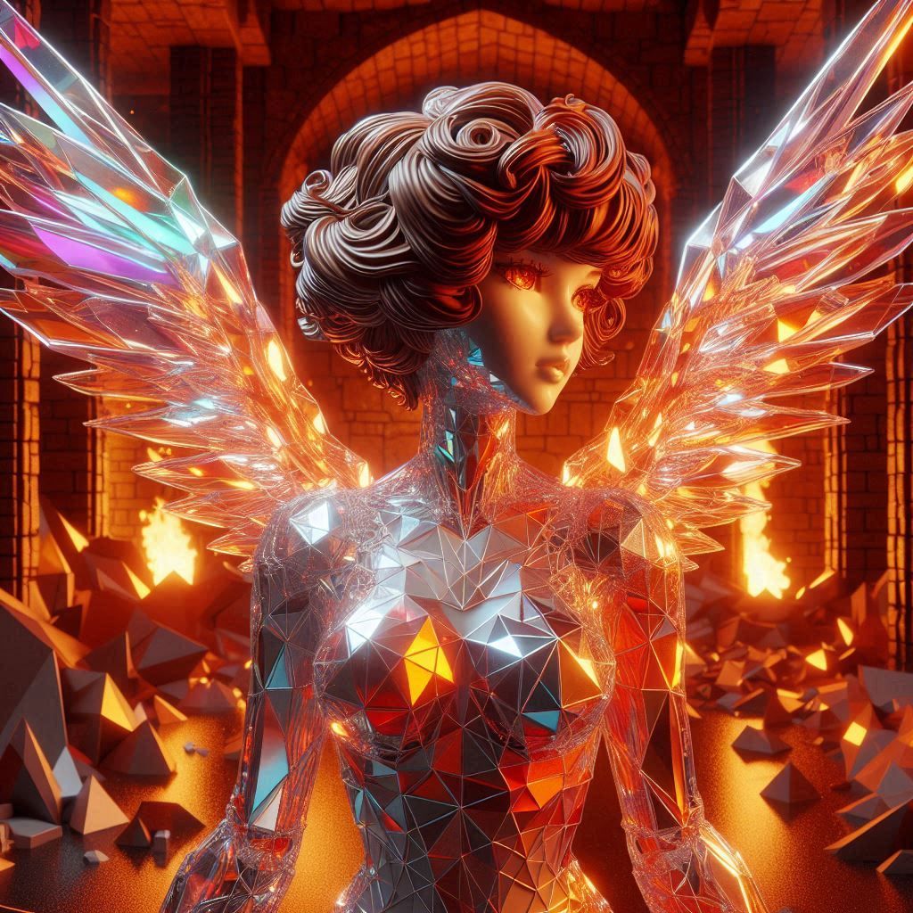 A glass crystal sculpture of a hajime sorayama 80s retro fut...