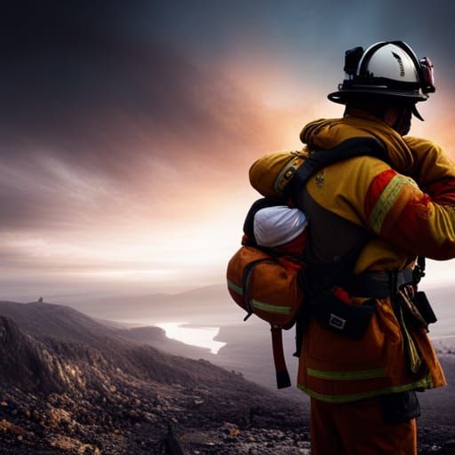 firefighter embraces the aftermath.