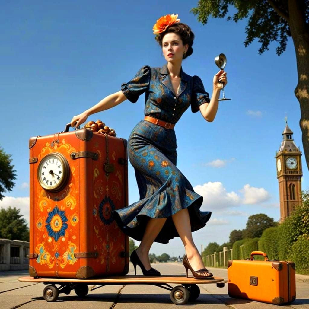 Charming Lady Surfs Skateboard Amidst Whimsical Antique Wond...