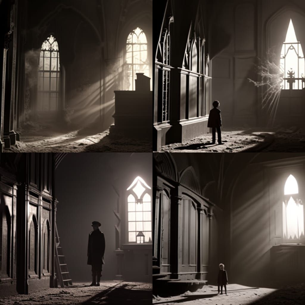 boy in haunted schoolhouse, dark, cobwebs, black and white, poltergeist