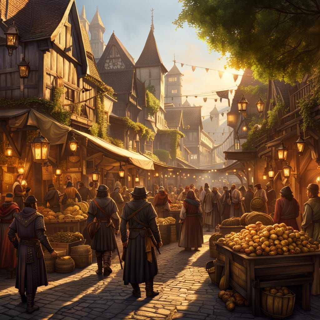 Medieval fantasycore Market, swordsman, merchants, rangers, clerics, and bustling marketplace, hyperdetailed, ...  by @Searingdark