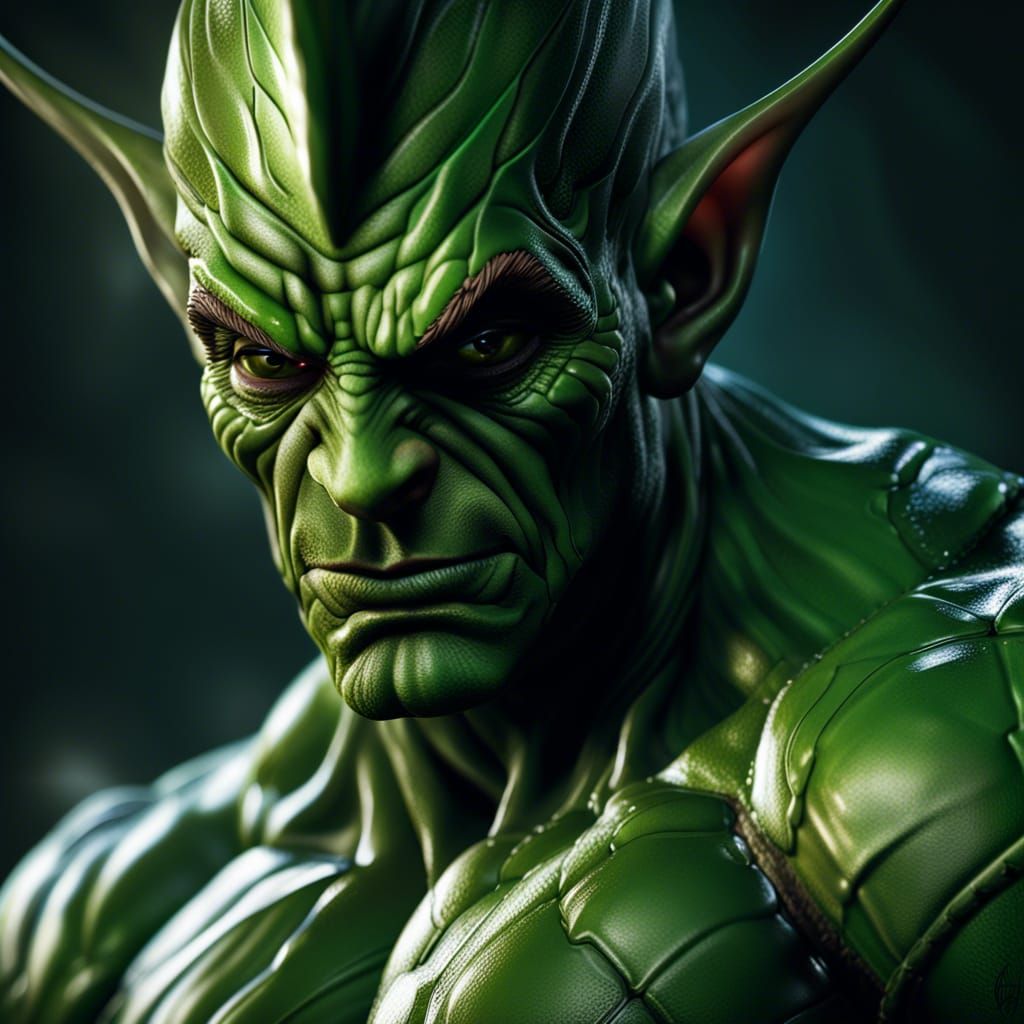 Hyperreal, gorgeous, handsome, muscled, green goblin, chiaroscuro ...