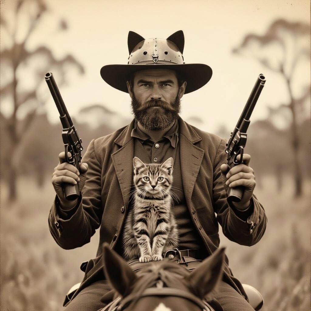Ned Kelly Bushranger on Horseback Sepia Image - AI Art