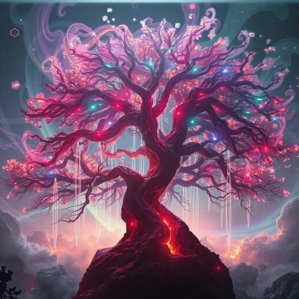 A surreal scene where lights spin and float in the air forming a world tree, producing strange and colorful lights. detailed matte painting,...