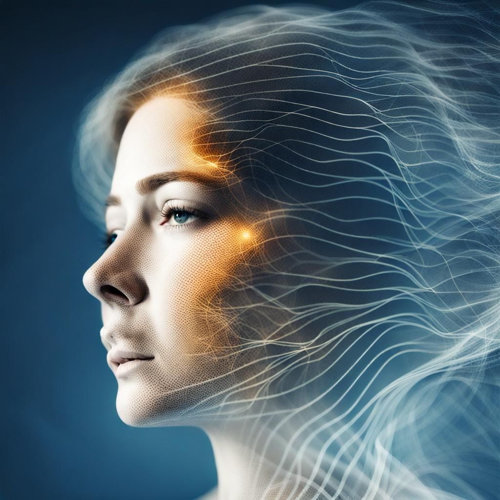 Transparent, figure of a woman enmeshed in wave-particle dua...