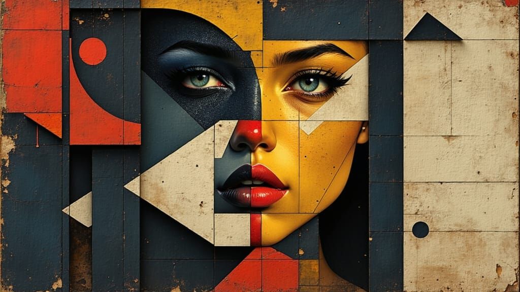 Symbolic Eyes in Neo-Cubist Angular Oil Painting