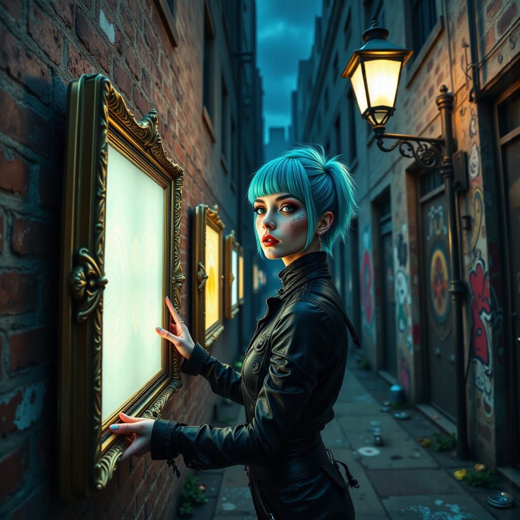 <lora:Goth-punk:1.0> A beautiful, slim woman with short, asymmetrical electric-blue hair installs her art in a rain-slicked urban alley at m...