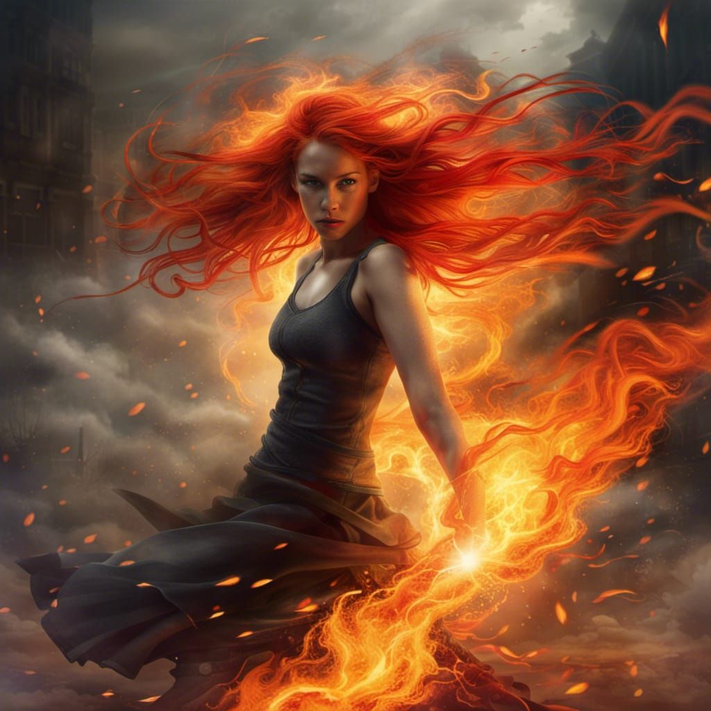 A Dynamic Scene Of A Young Woman With Fiery Red Hair Controling The