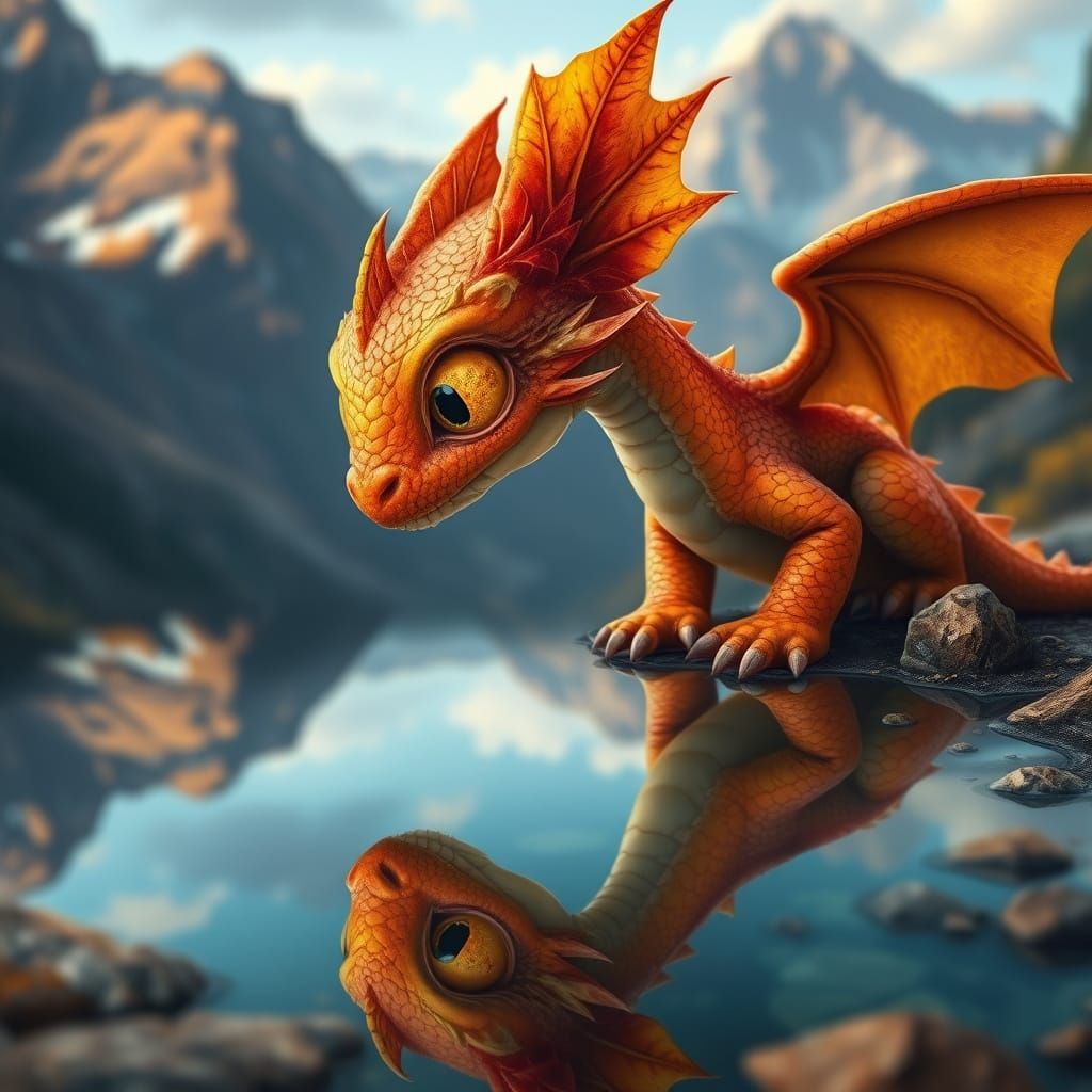 Hyperrealistic picture of a baby dragon, she is colored like autum leaves, she has big golden eyes, she ...  by @HermioneSheHulkNinja