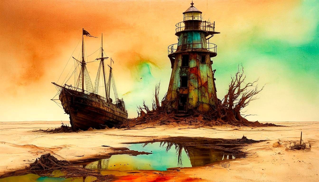 Otherworldly Alcohol Ink, 
lighthouse, abandoned sailing ship, desert, Rackham, Beksiński  by @Hugo Raul