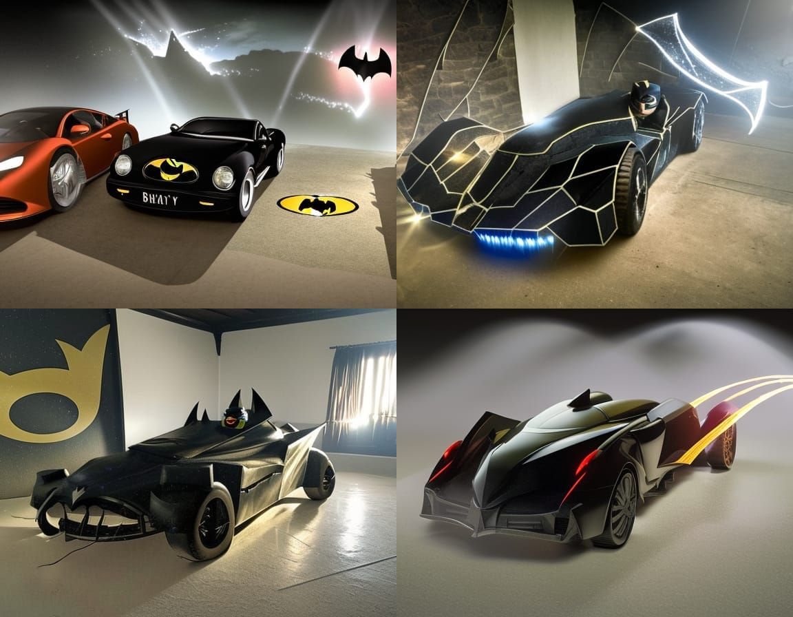 Batman car, cave, bats, rays of light