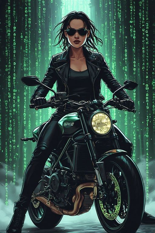 Trinity from the Matrix movie, riding a sleek and powerful D...