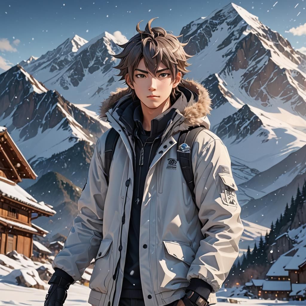 Anime Young Man in Snowy Mountain Landscape