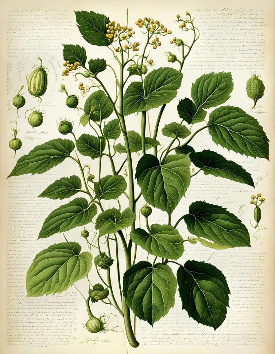 Detailed text book illustrations of a cucumber plant with ca...