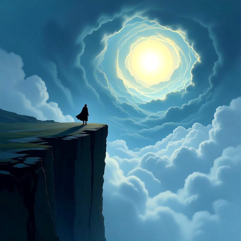A lone figure stands on the edge of a dizzyingly high cliff, gazing down at a swirling vortex of clouds and mist below. The cliff face is ja...