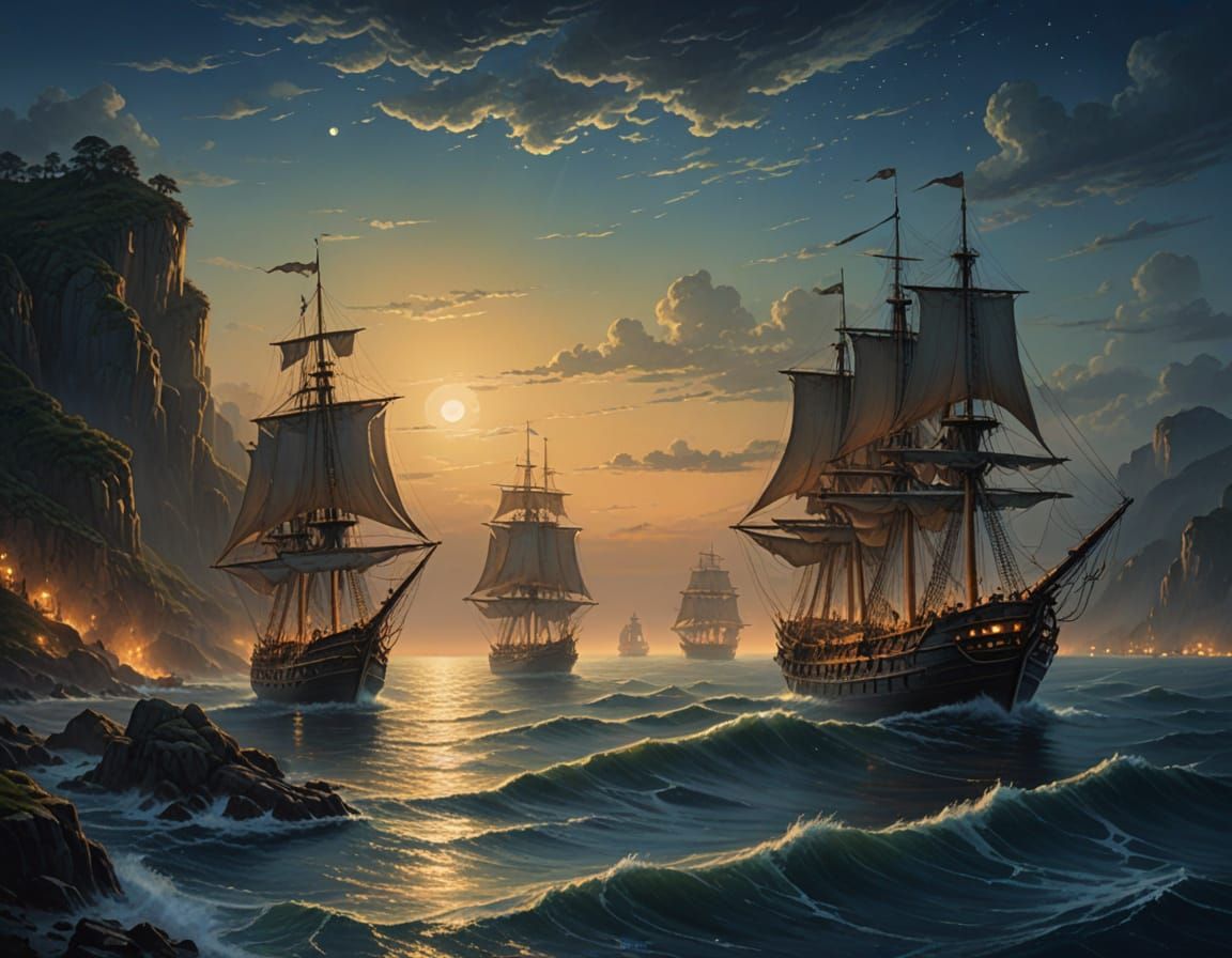 Ships moored at the edge of fading lands.