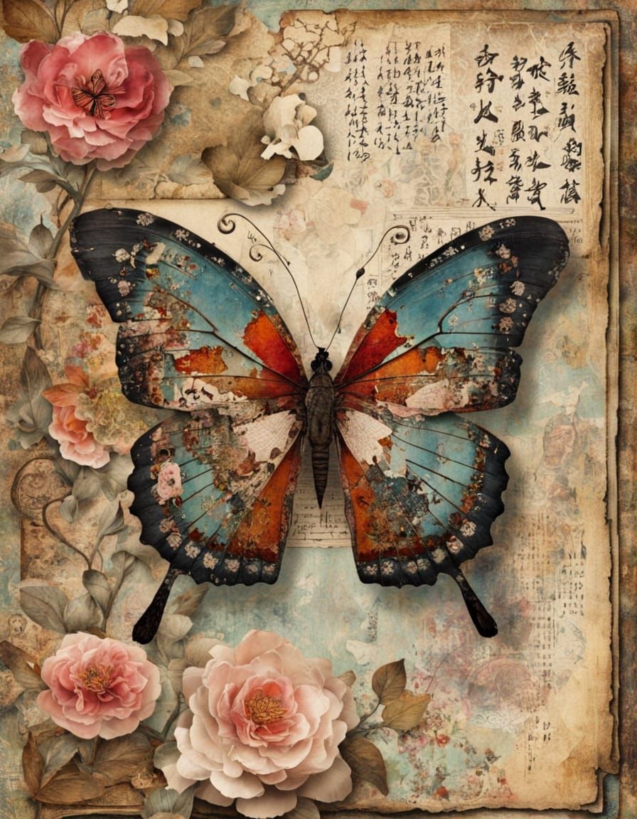 Exquisite Oriental butterfly. elaborate masterpiece collage :: gorgeous intricately layered loose mixed-media ...  by @D0npen