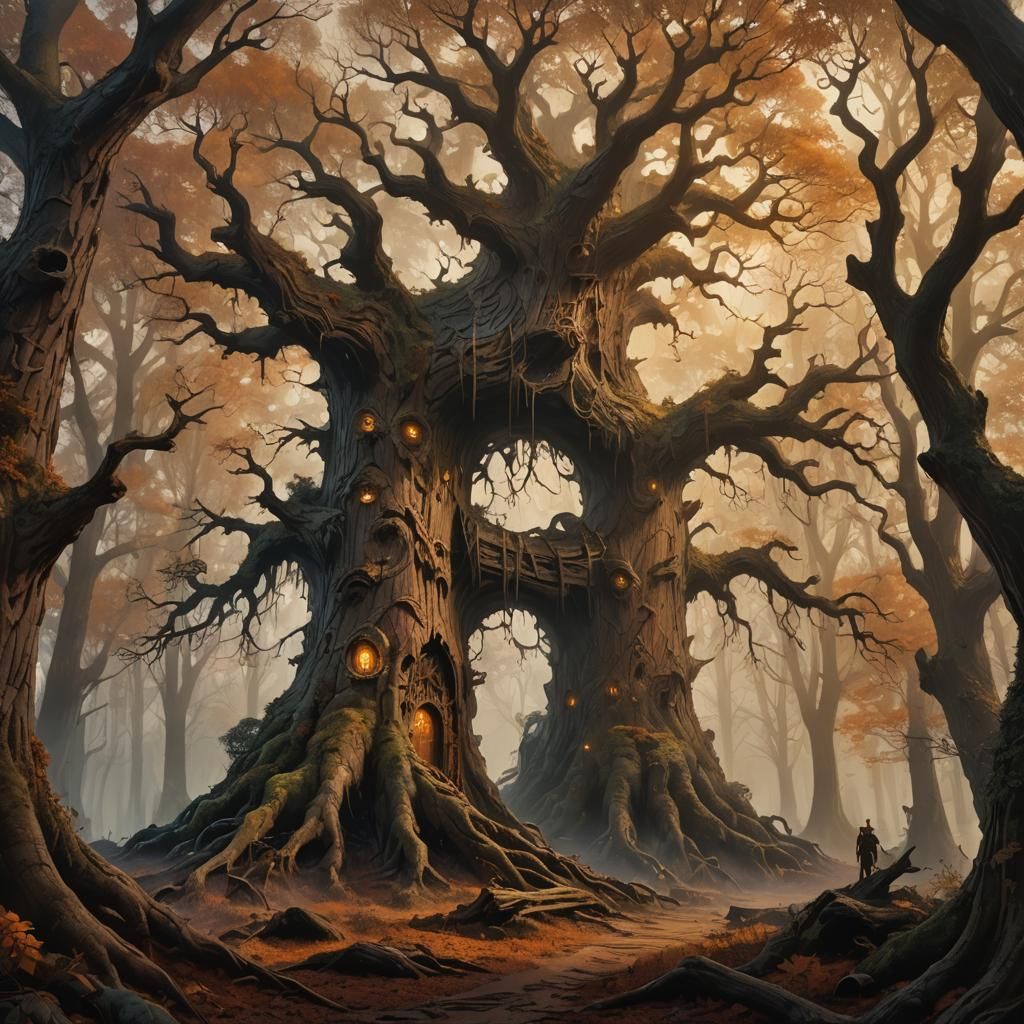 Oaken Eleforge in Misty Forest, Detailed Matte Painting