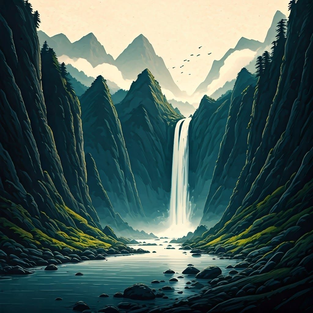 Anime-Inspired Ink Wash Landscape with Waterfall