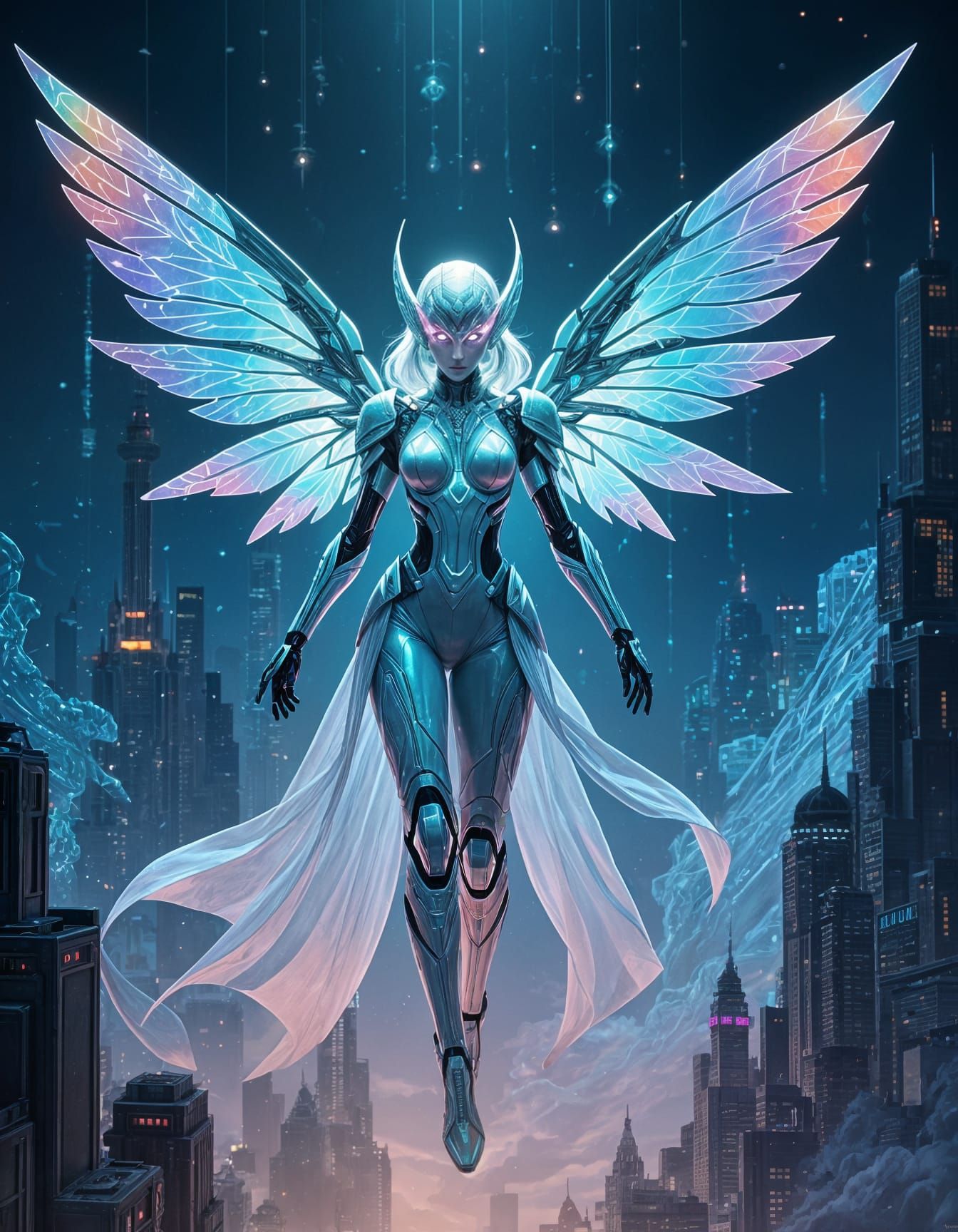 A shimmering, ethereal figure drifts between dimensions, their form a blend of sleek cybernetic enhancements ...  by @Kh-nagsh