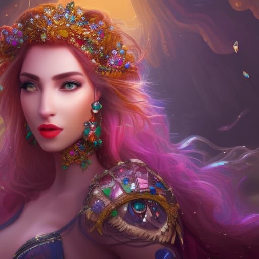 beautiful woman with gems in her hair and gems on her gown